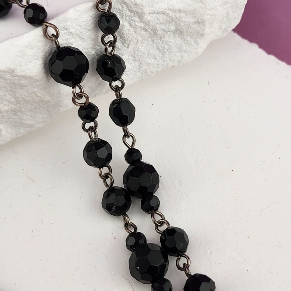 Black Faceted Glass Bead Multi Strand Necklace Silver Tone Gothic Statement
